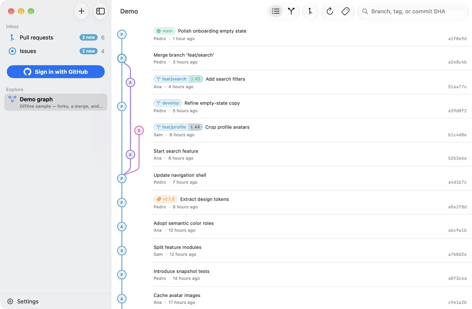 Lanes on the Mac, showing the commit graph, with each branch in its own lane