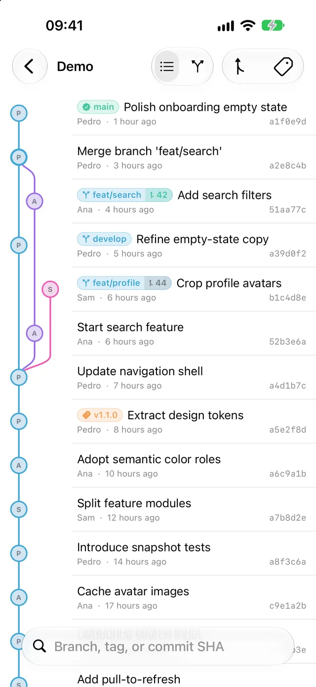 Lanes on the iPhone, showing the commit graph, with each branch in its own lane